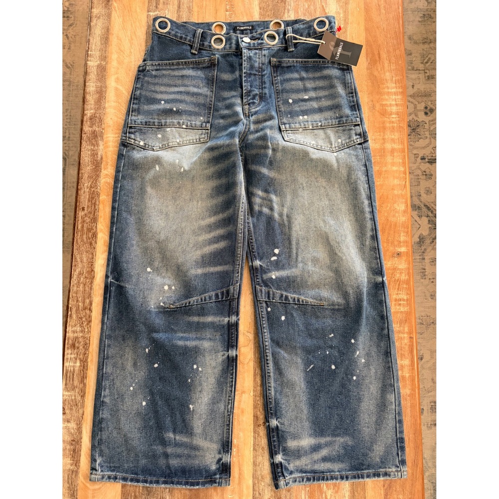 Flamingals Wide Leg Paint Splatter Grommet Jeans Medium Wash 254812 XH Size Med